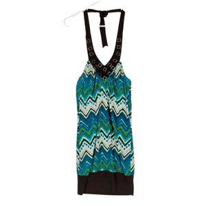 Heart Soul Sleeveless Halter Dress Short Beaded Teal Blue Brown